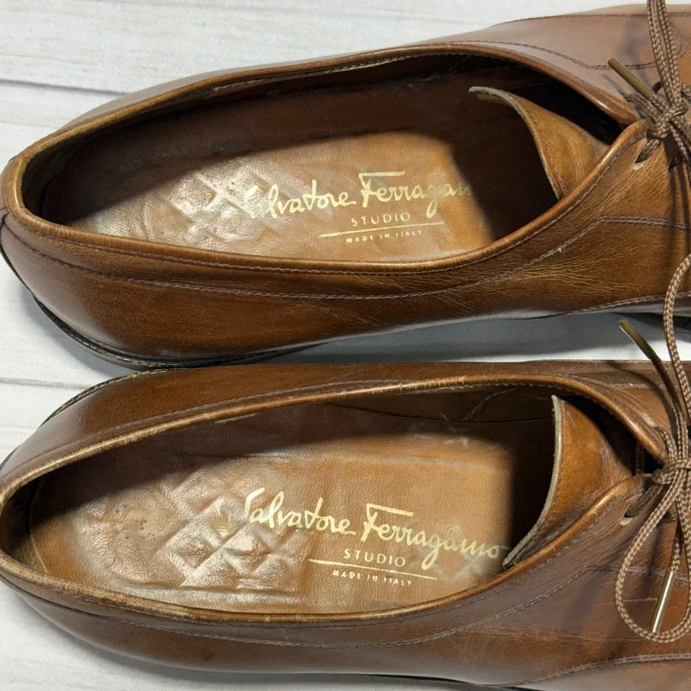 Salvatore Ferragamo Studio Derby Shoes Men 13 B Tan Leather Brogue Italy